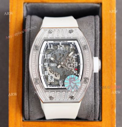 Copy Richard Mille RM010 Watch With Diamonds White Rubber Band 